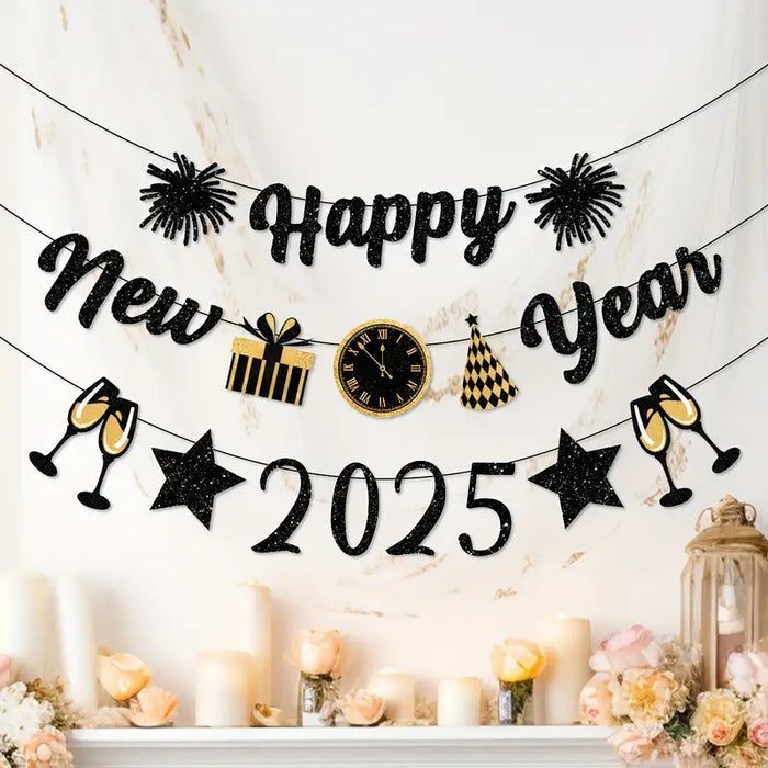 2025 Happy New Year Lettering Glitter Party Banner