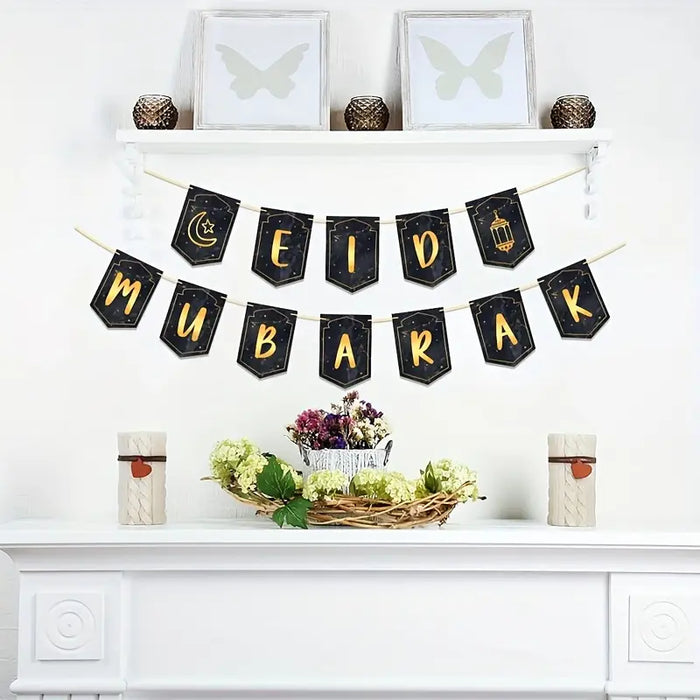 Eid Mubarak Hanging Banner – Black & Gold