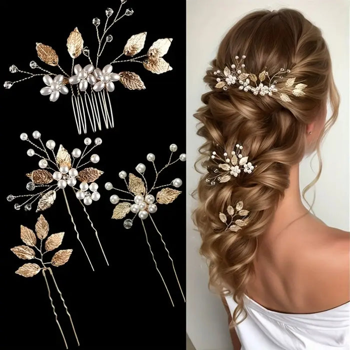 Golden Bridal Hair Accessories Set – 4pcs
