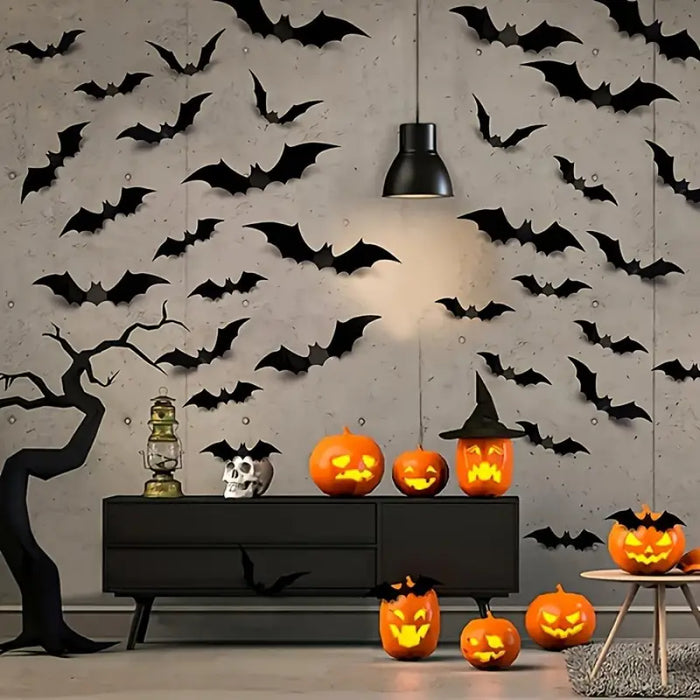 3D Spooky Bat Halloween Wall Stickers - 48pcs Set