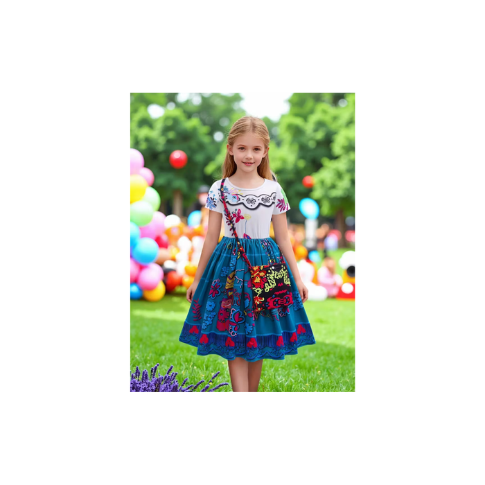 Girls Mexiczan Floral Dress with Bag – 2PCS فستان بناتي بنقشة زهور مكسيكية مع حقيبة – قطعتان