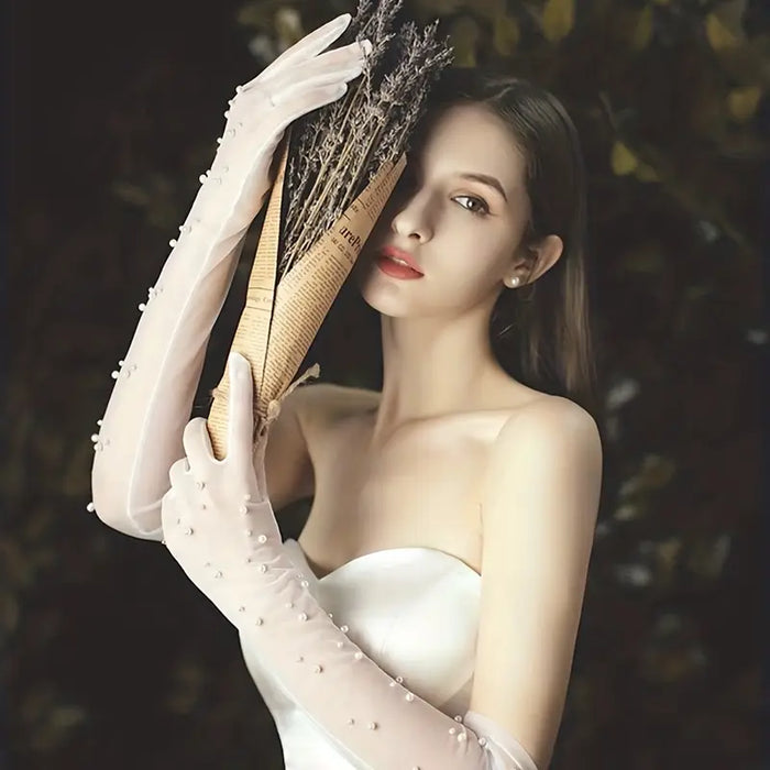 White Pearl Bridal Mesh Gloves