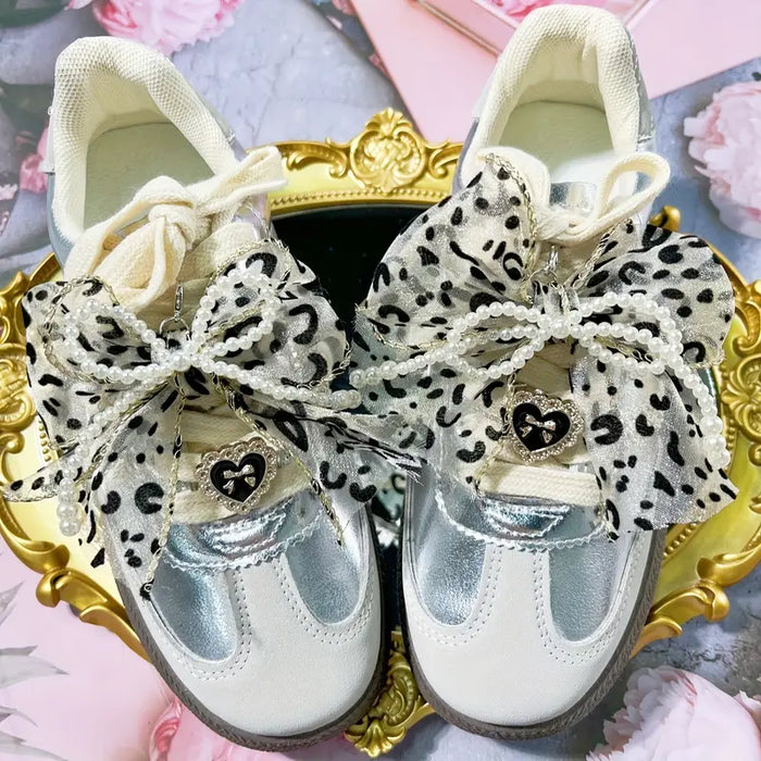 Leopard Lace Bow & Heart Shoe Charm Set