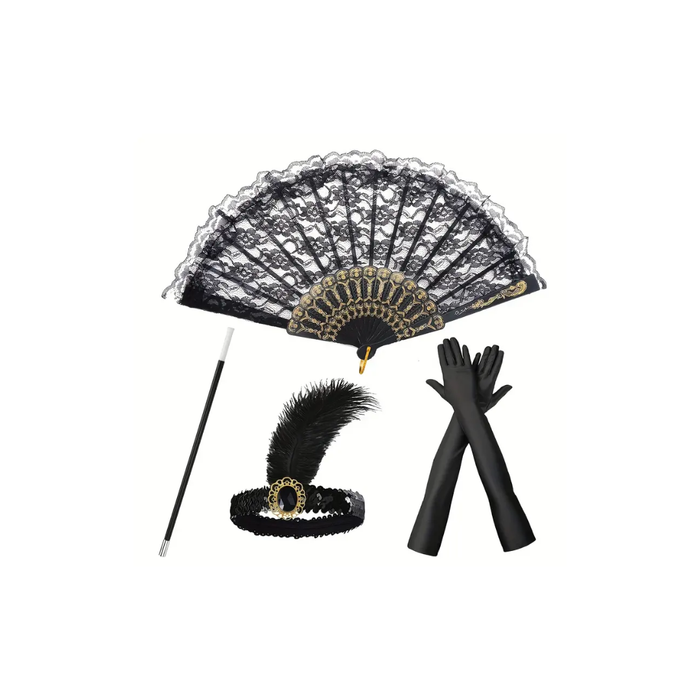 1920s Vintage Accessories Set – 4pcs Lace Fan & Feather Headband