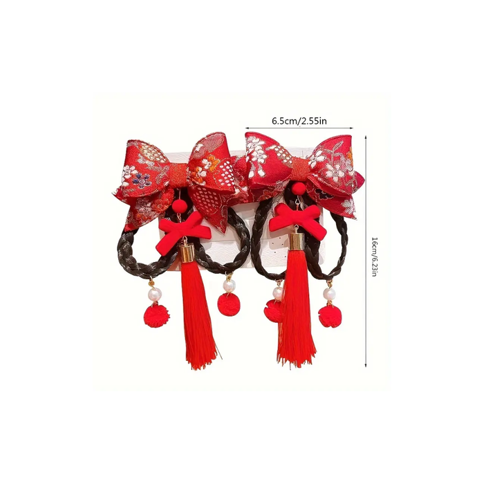 Chinese & Japanese Style Red Bow Hairpins with Tassels – 2PCS