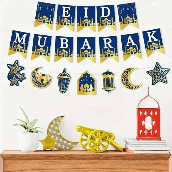 Moonlight Eid Mubarak Hanging Banner – Blue & Gold