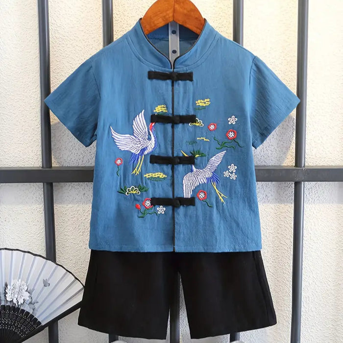 Blue Hanfu Chinese Characters Cultural Two-Piece Set