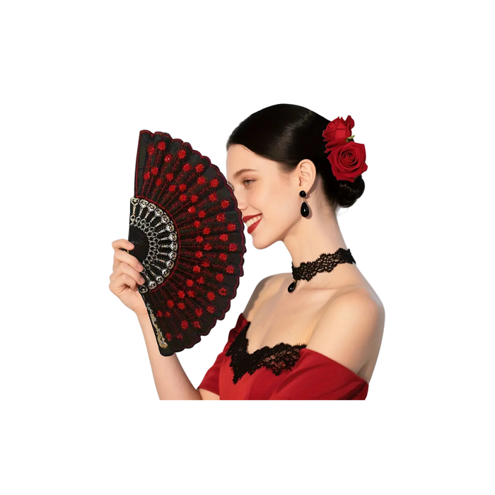 2PCS Spanish/Mexican Rose Hair Clips & Folding Fan Set – Red & Black