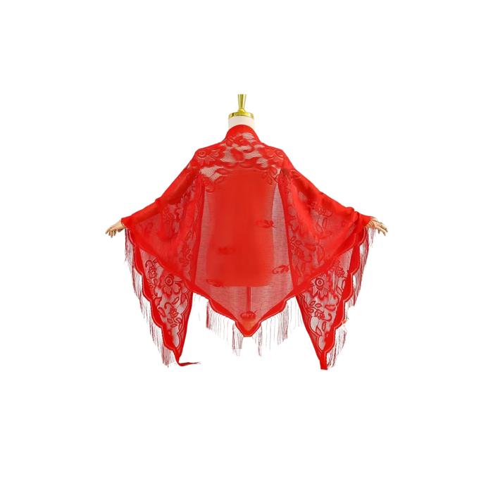 Red Mexican/Spanish Style Tassel Lace Triangle Scarf وشاح مثلث كلاسيكي بأسلوب مكسيكي/إسباني مع شرّابات