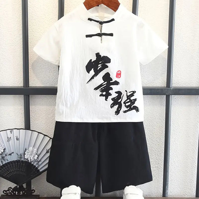 Boys White Hanfu Chinese Characters Cultural Two-Piece Set