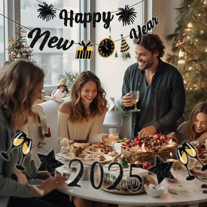 2025 Happy New Year Lettering Glitter Party Banner