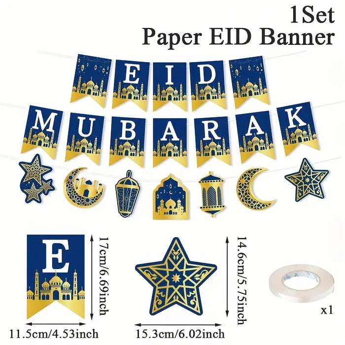 Moonlight Eid Mubarak Hanging Banner – Blue & Gold