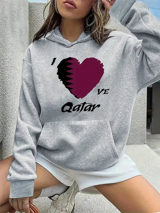 Casual "I Love Qatar" Hoodie Grey Sweatshirt