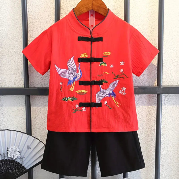 Boys Bird Embroidered Tang Cultural Two-Piece Set