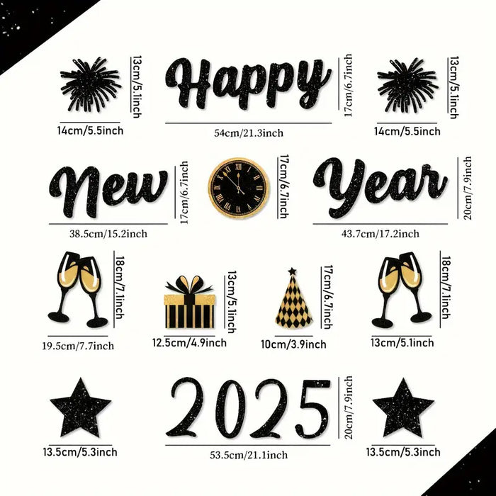 2025 Happy New Year Lettering Glitter Party Banner