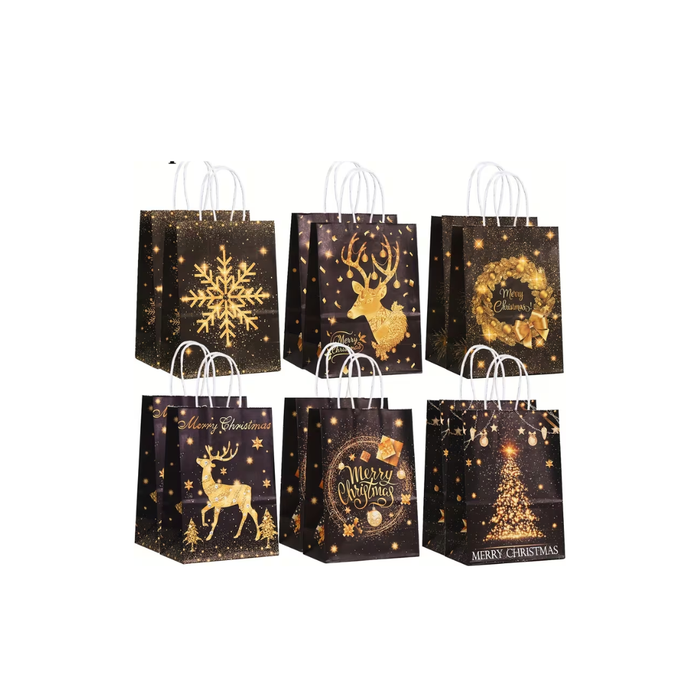 Christmas Black Kraft Paper Gift Bags – 6 pcs