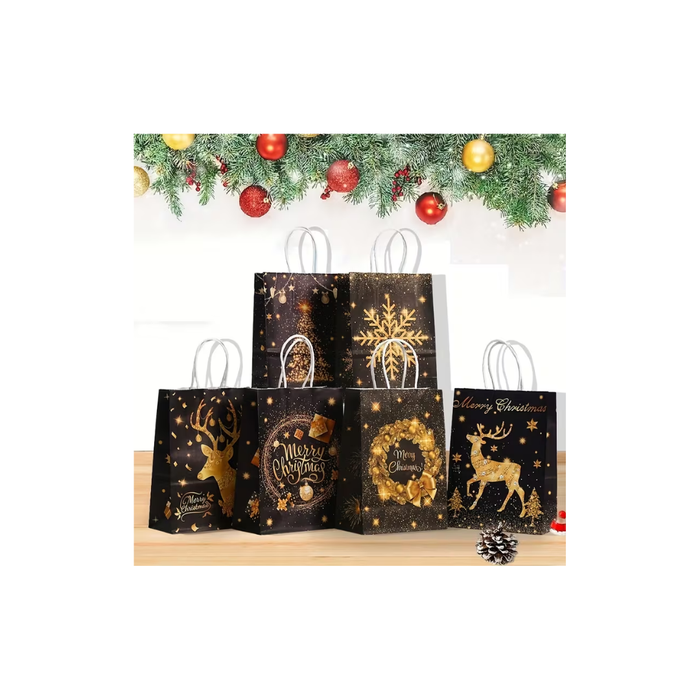 Christmas Black Kraft Paper Gift Bags – 6 pcs