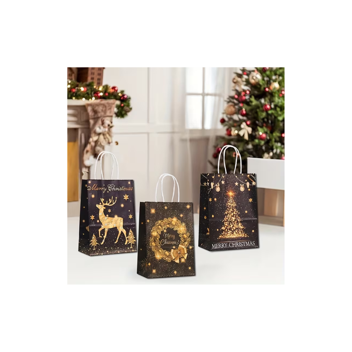 Christmas Black Kraft Paper Gift Bags – 6 pcs