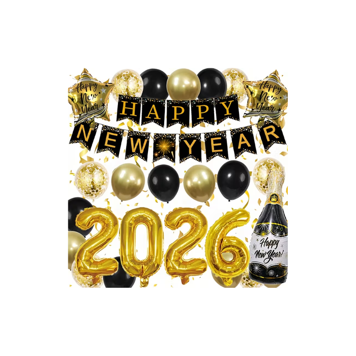 New Year 2026 Party Decoration Set – Golden Foil Balloons &amp; Banner