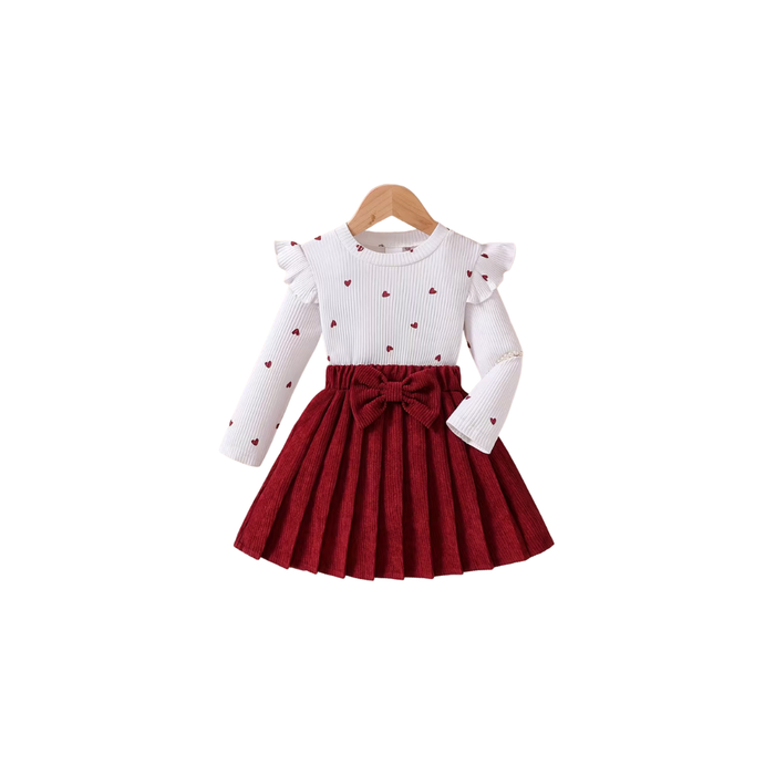 Girls’ Autumn Heart Print Top Pleated Skirt Set