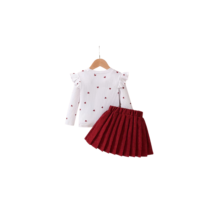 Girls’ Autumn Heart Print Top Pleated Skirt Set