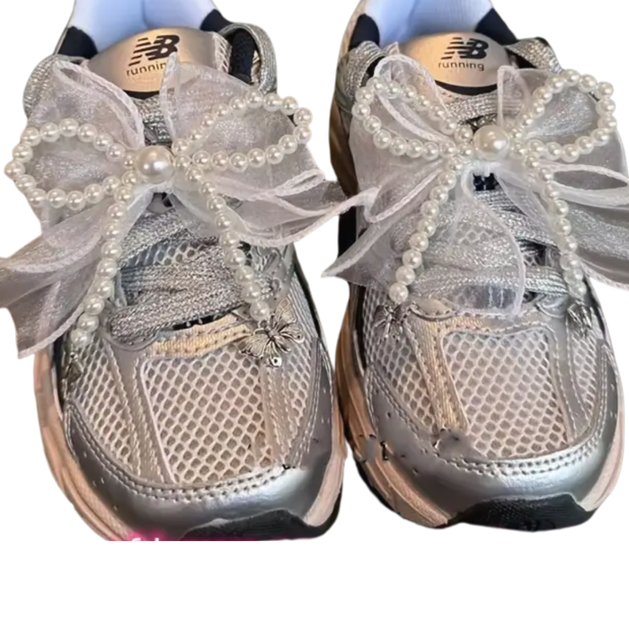 Silvery Lace with Pearl Bow Shoe Charms - 1 Pair