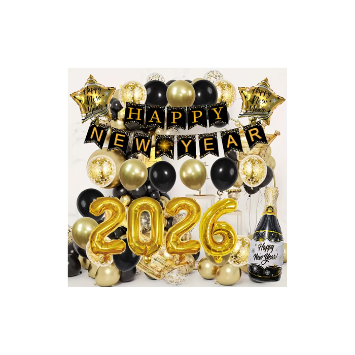 New Year 2026 Party Decoration Set – Golden Foil Balloons &amp; Banner