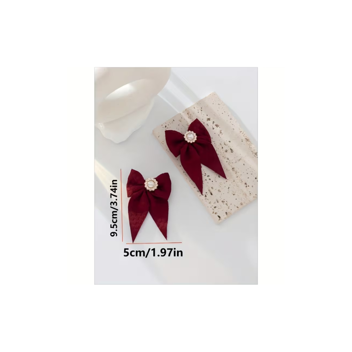 Retro Burgundy Bow Hair Clips with Pearl Accessory – Set of 2