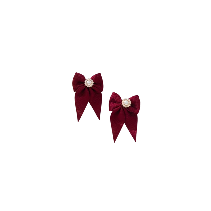 Retro Burgundy Bow Hair Clips with Pearl Accessory – Set of 2