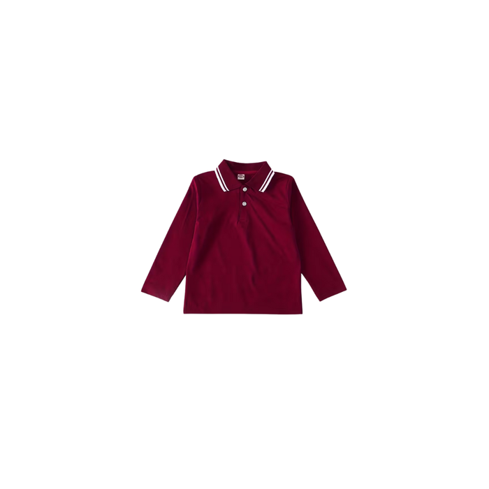 Boys’ Burgundy Long Sleeve Polo – Striped Collar, Size 6-8