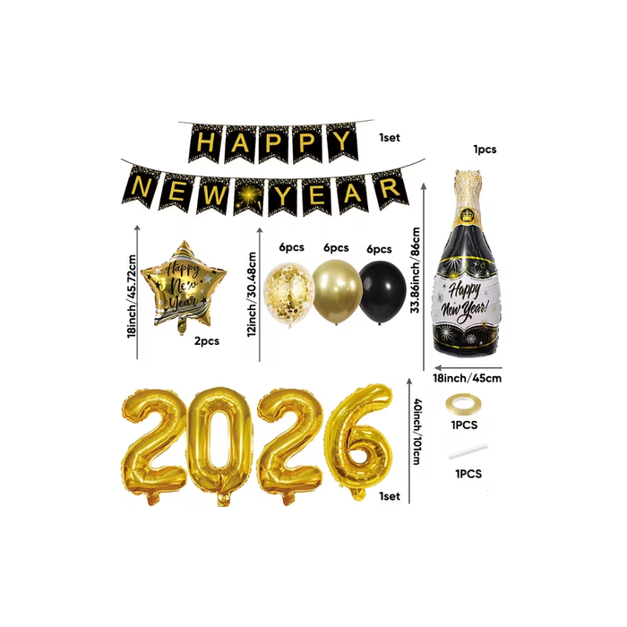 New Year 2026 Party Decoration Set – Golden Foil Balloons &amp; Banner