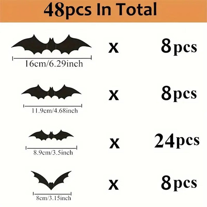 3D Spooky Bat Halloween Wall Stickers - 48pcs Set