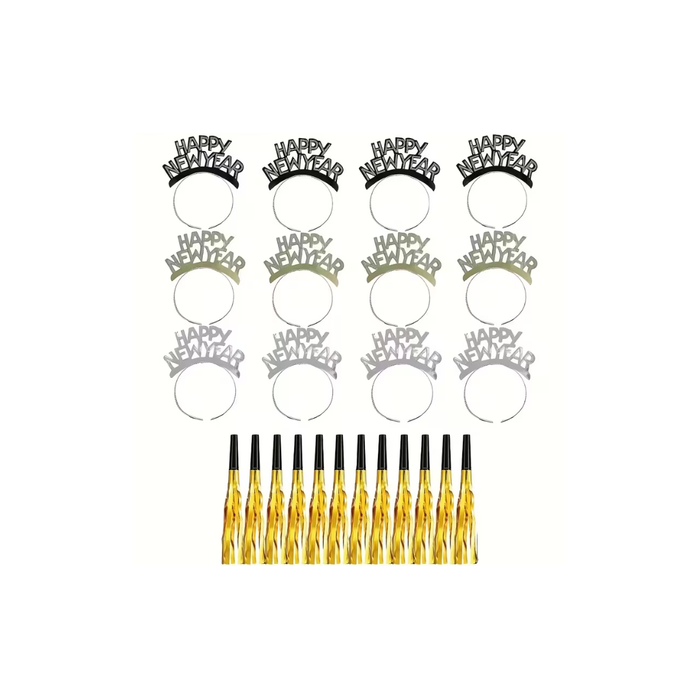 Happy New Year 2026 Party Set – 12 Headbands &amp; 12 Noise Makers