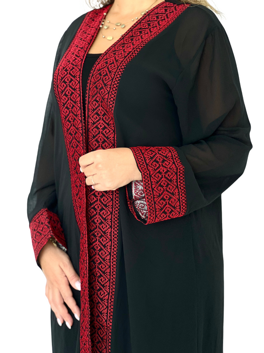 Palestinian Red Embroidery Black Abaya عباءة فلسطينية سوداء بتطريز أحمر