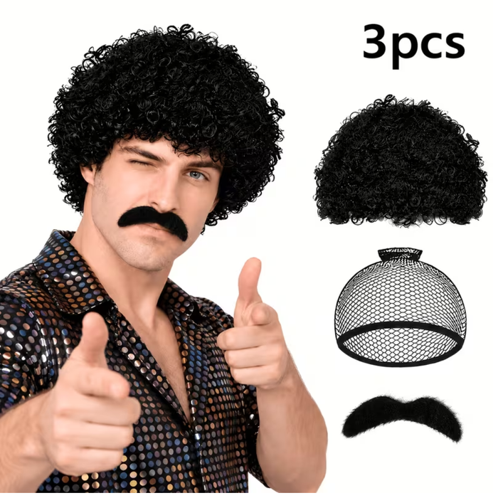 70s Afro Wig & Mustache Set – 3PCS