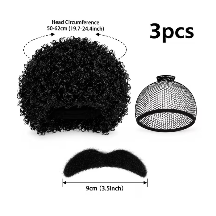 70s Afro Wig & Mustache Set – 3PCS