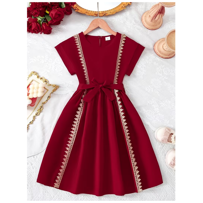 Girls’ Vintage Dress with Gold Embroidery – 7–9 Years