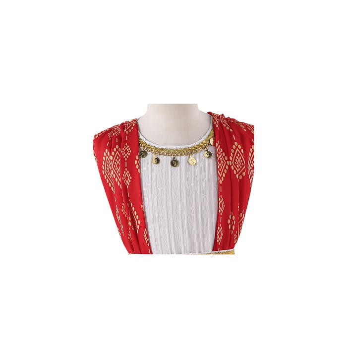 Girls’ Greek-Style Maxi Dress – Red & Gold Geometric Print