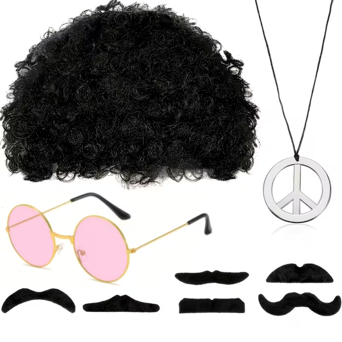 9-Pieces  60s/70s Hippie Wig &Retro Costume Set