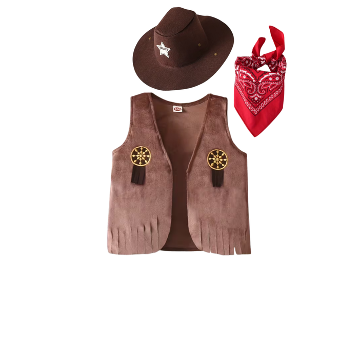 Girls’ Western Cowboy Costume Set with Embroidered Fringe Vest, Hat &Scarf