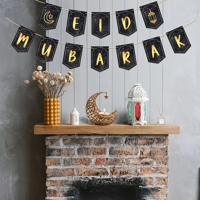 Eid Mubarak Hanging Banner – Black & Gold