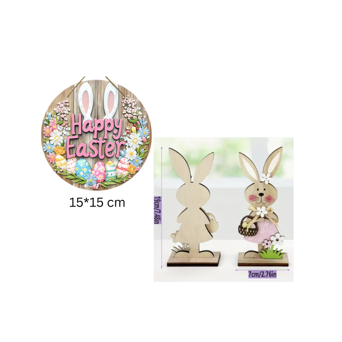 Wooden Easter Bunny Decor Set – 2 Bunnies & 1 Hanger