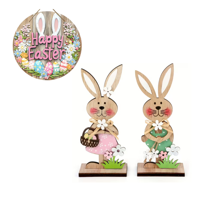 Wooden Easter Bunny Decor Set – 2 Bunnies & 1 Hanger