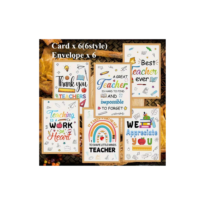 Teacher Appreciation Card Set (6 Cards & 6 Envelopes)