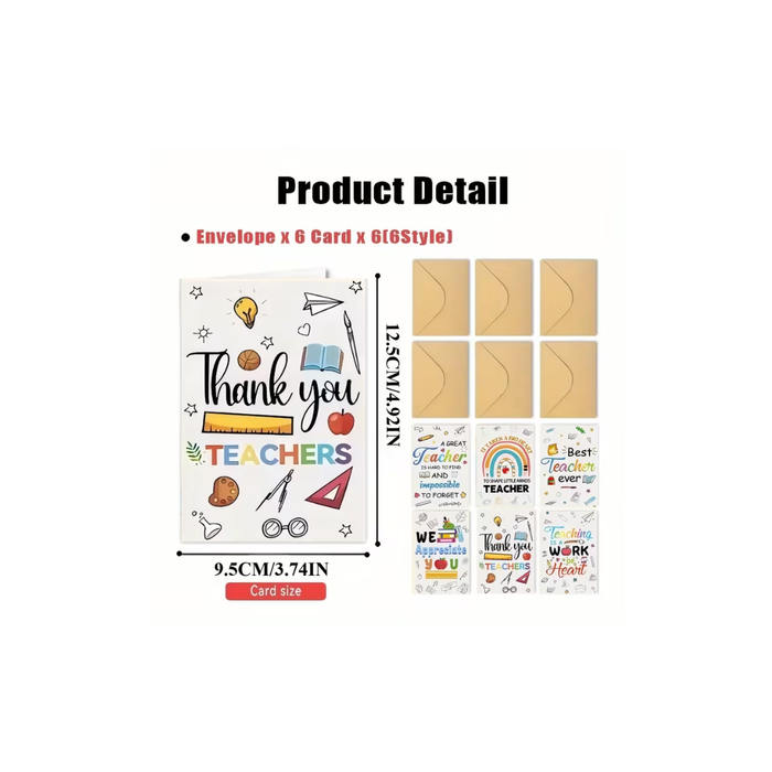 Teacher Appreciation Card Set (6 Cards & 6 Envelopes)