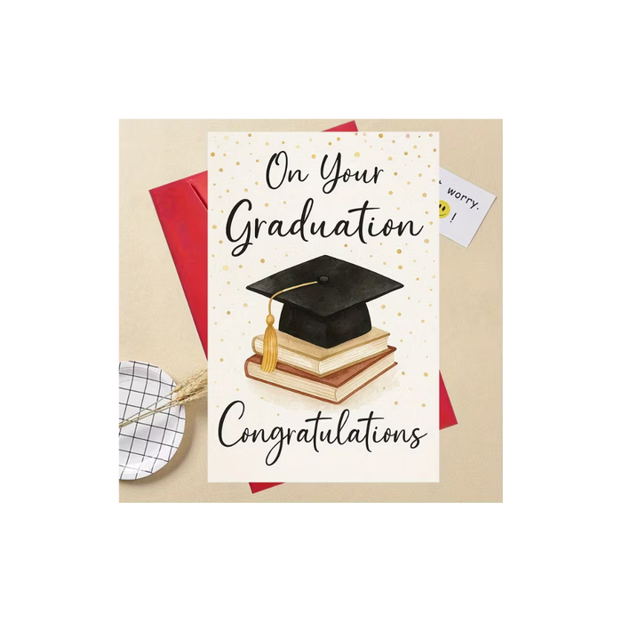 Graduation Congratulations Card – Cap &Books بطاقة تهنئة أنيقة بتصميم قبعة التخرج والكتب