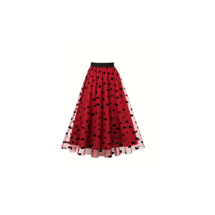 Heart Pattern Mid-Length Skirt ( Red & Black)
