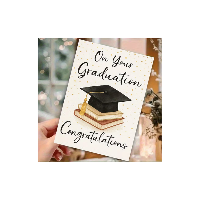 Graduation Congratulations Card – Cap &Books بطاقة تهنئة أنيقة بتصميم قبعة التخرج والكتب