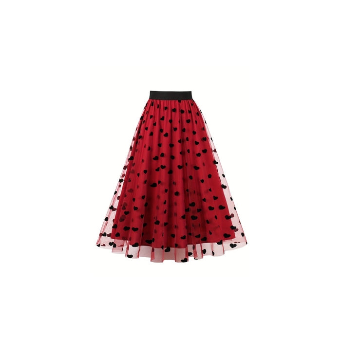 Heart Pattern Mid-Length Skirt ( Red & Black)