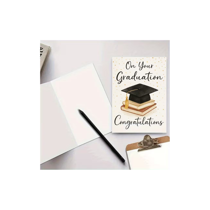 Graduation Congratulations Card – Cap &Books بطاقة تهنئة أنيقة بتصميم قبعة التخرج والكتب